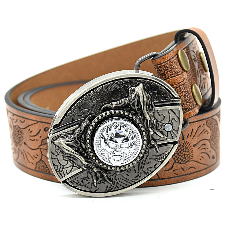 Personality Student Trendy Printing Engraving Smooth Buckle Knife Embossing Belt Rotating Skull Brown