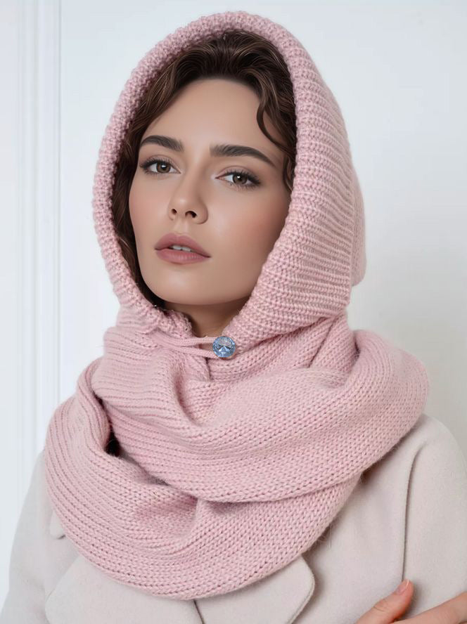 Solid Color Fashion Casual Knit Hat With Cross Scarf Light Pink
