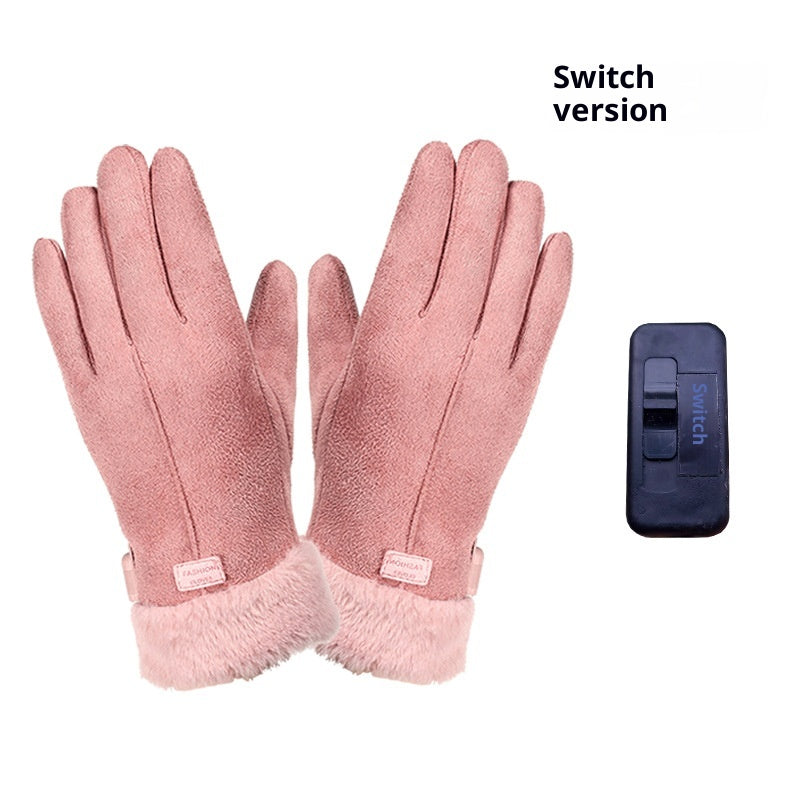 Winter Women's USB Heating Waterproof Suede Finger Gloves Pink Switch Type