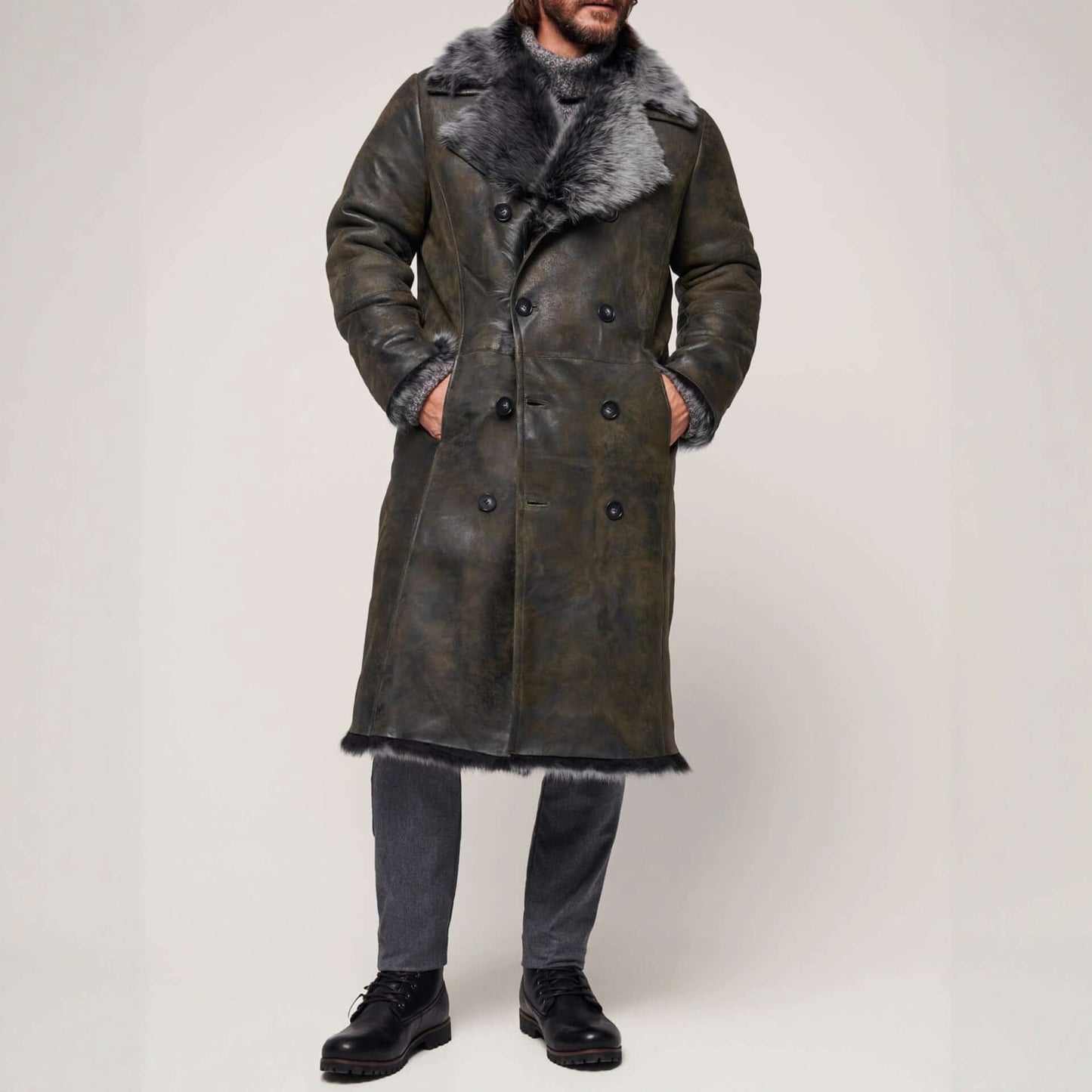 Double-breasted Wide Lapel Long-haired Men's Long Fur Coat Dark Green