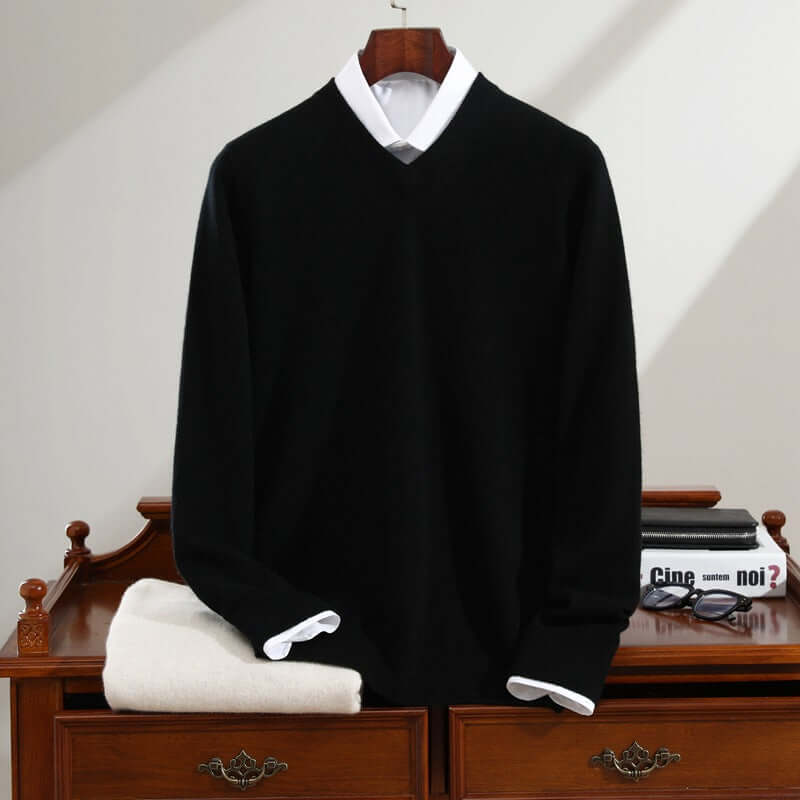 Men's Cashmere Sweater Pure Cashmere V-neck Long Sleeve Knitted Sweater Black