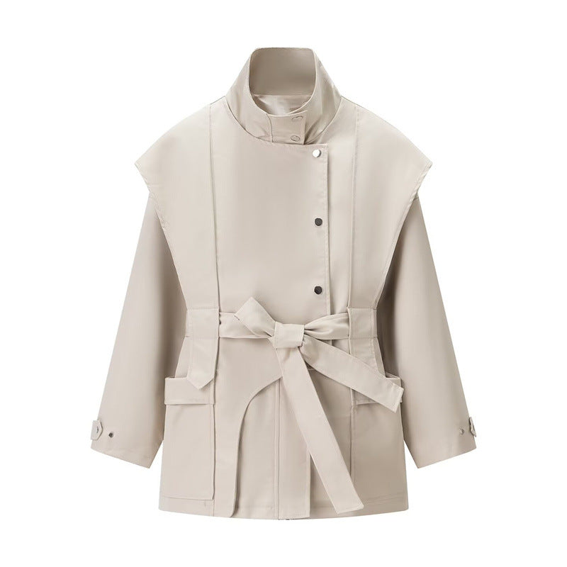 Women's Stand Collar Belted Trench Coat Khaki