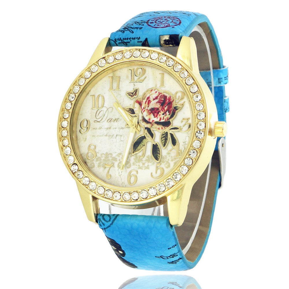 Diamond-inlaid Gold Case Rose Pattern Fashion Quartz Watch Blue