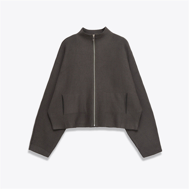 Women's Stand Collar Zipper Long Sleeve Knitted Coat Picture Color