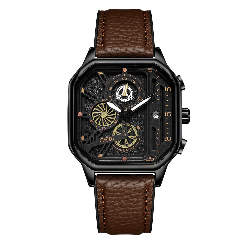 Men's Waterproof Quartz Watch Luminous Black Plate Coffee Belt