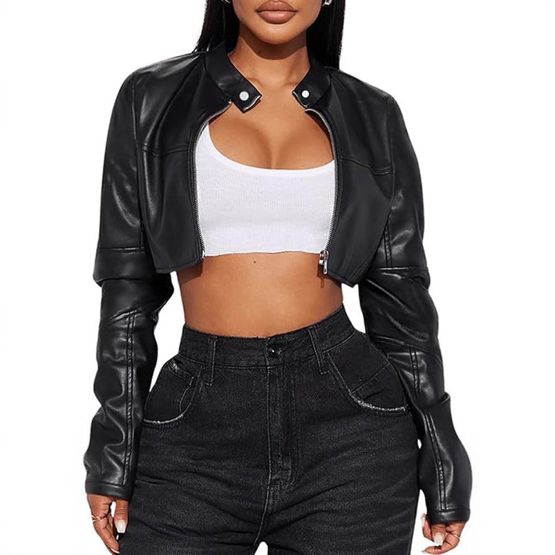 Women's Cropped Biker-style Leather Jacket With Solid Color Contrast And Zipper Black