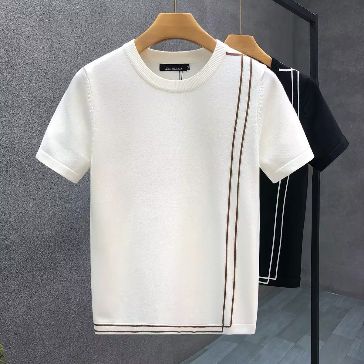 Striped Knitted Ice Silk Short Sleeve Men's Youth Slim Fit Summer High-end Retro T-shirt White
