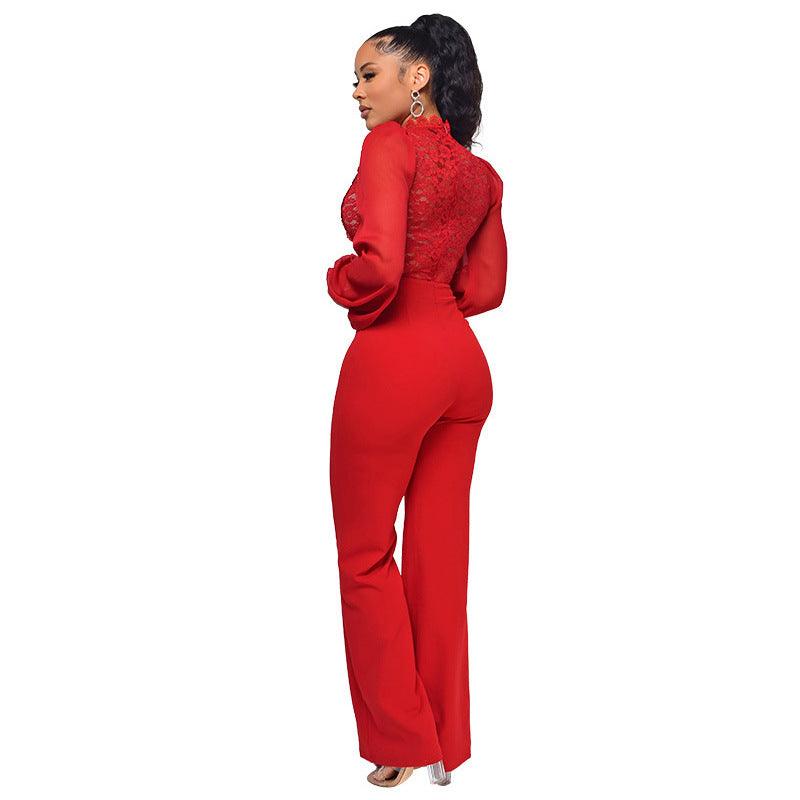 High-waisted Straight-leg Women's High-neck Lace Long-sleeve Jumpsuit Red
