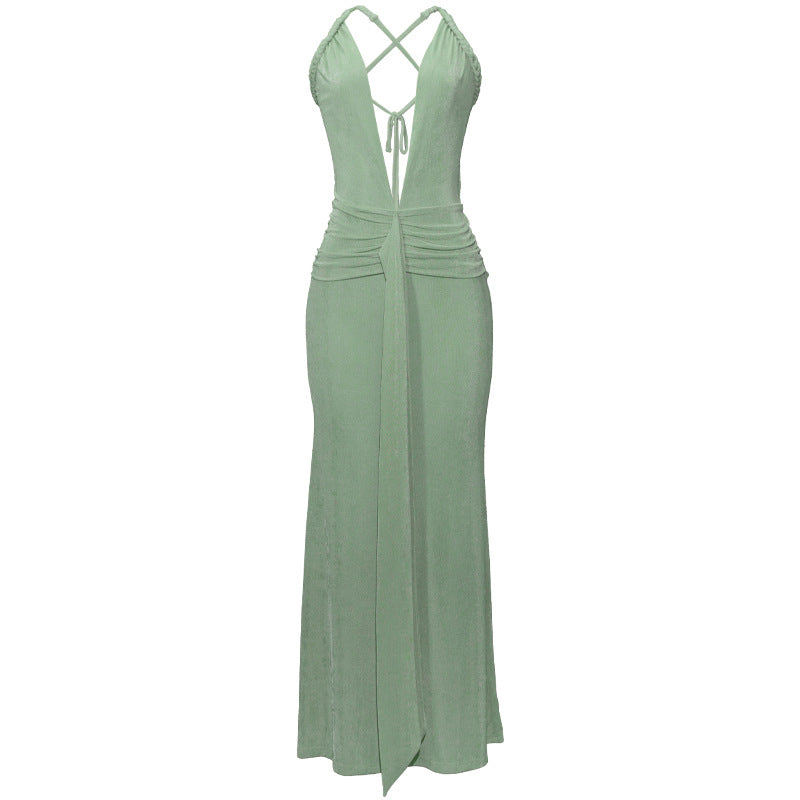 Fashionable Sexy Deep V Backless Solid Color Draped Design Waist-cinching Dress Green D186DS