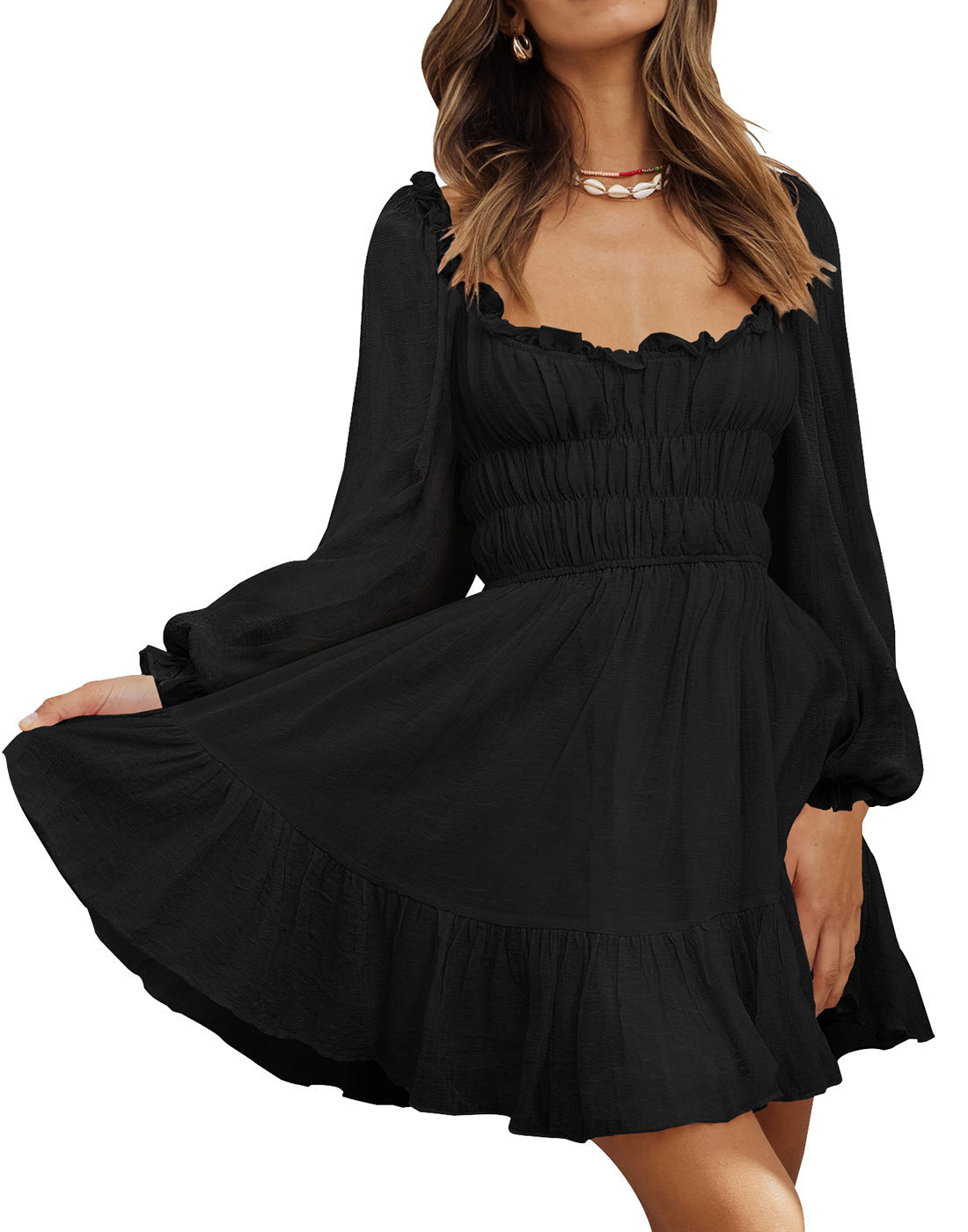 Square Neck Pleated Ruffle Lantern Sleeve Fresh And Sweet Dress Black