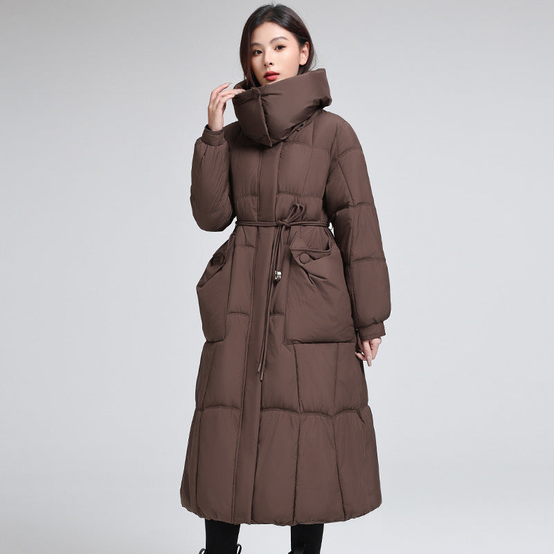 Knee-length Warm Cotton Coat Loose Thicken Waist-cinching Padded Jacket Coffee