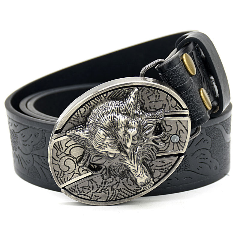 Men's Casual All-match Smooth Buckle Belt Black Wolf Head