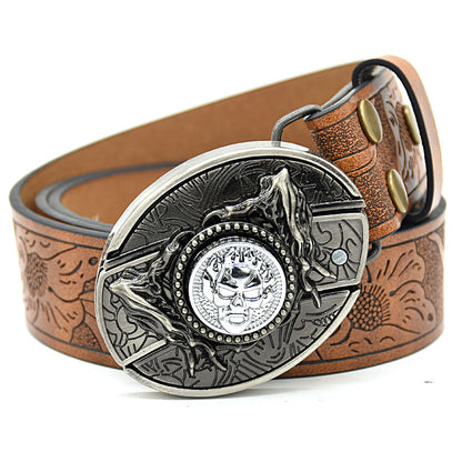 Personality Student Trendy Printing Engraving Smooth Buckle Knife Embossing Belt Rotating Skull Brown