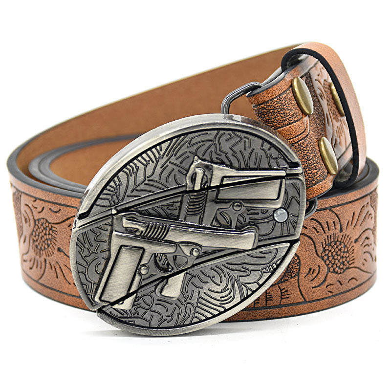 Personality Student Trendy Printing Engraving Smooth Buckle Knife Embossing Belt Suncha Brown