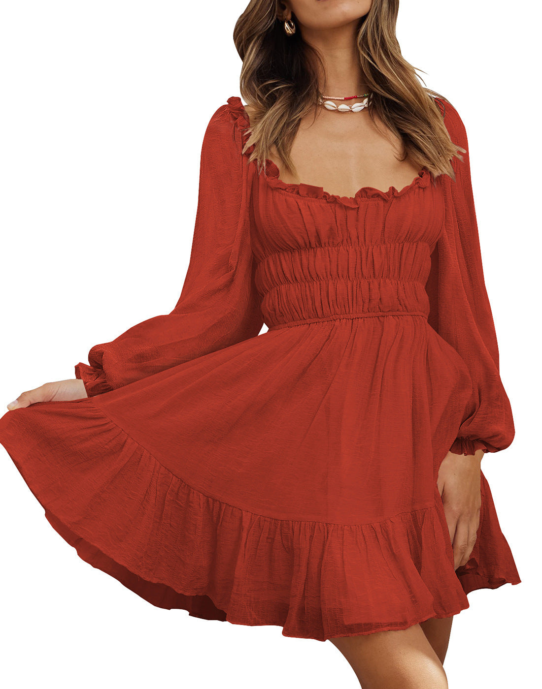 Square Neck Pleated Ruffle Lantern Sleeve Fresh And Sweet Dress Red