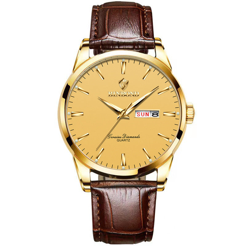 Double Calendar Waterproof Quartz Watch Men Brown Leather Gold Surface Male Style