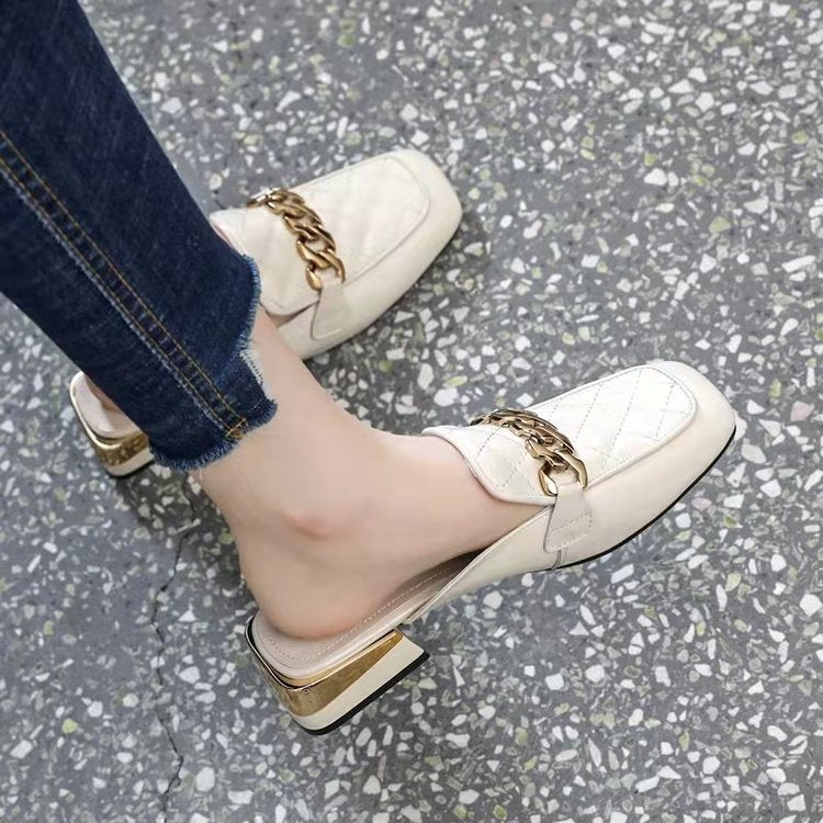 Women's Spring And Summer New Women's Shoes Mid Heel Toe Box Slippers Beige