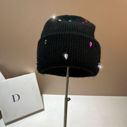 Color Diamond Light Luxury Winter Rabbit Hair Knitted Hat Personality Colorful Black Free Size