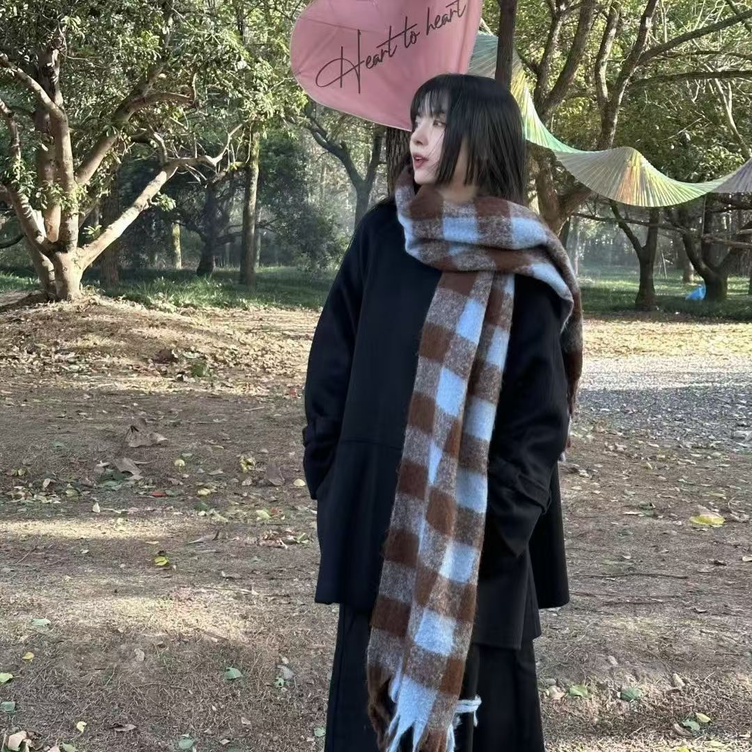 Scarf Winter Thicken Thermal Solid Color Mohair Shawl Small Plaid Blue