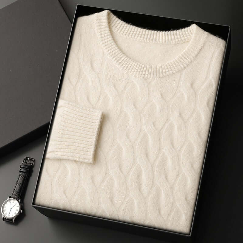 Thickened Men's Cashmere Sweater With Round Neck And Twisted Design White