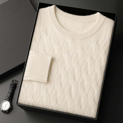 Thickened Men's Cashmere Sweater With Round Neck And Twisted Design White