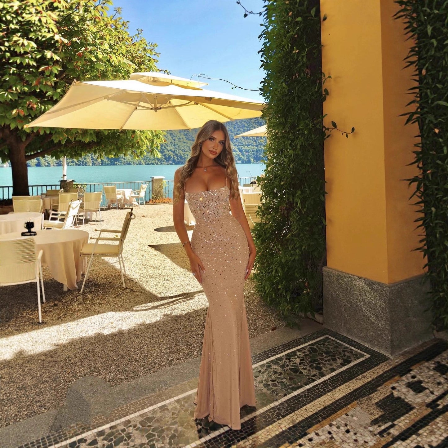 Sexy Backless Strapless Dress With Hanging Neck And Hot-fix Rhinestones Apricot