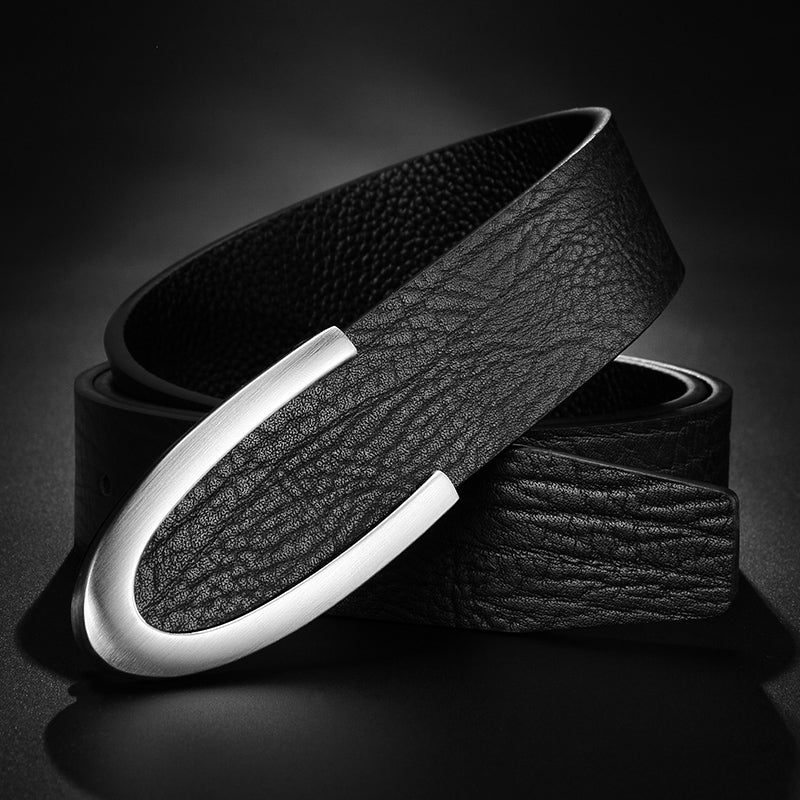 Men's Leather Smooth Buckle First Layer Cowhide Belt Black Silver Buckle