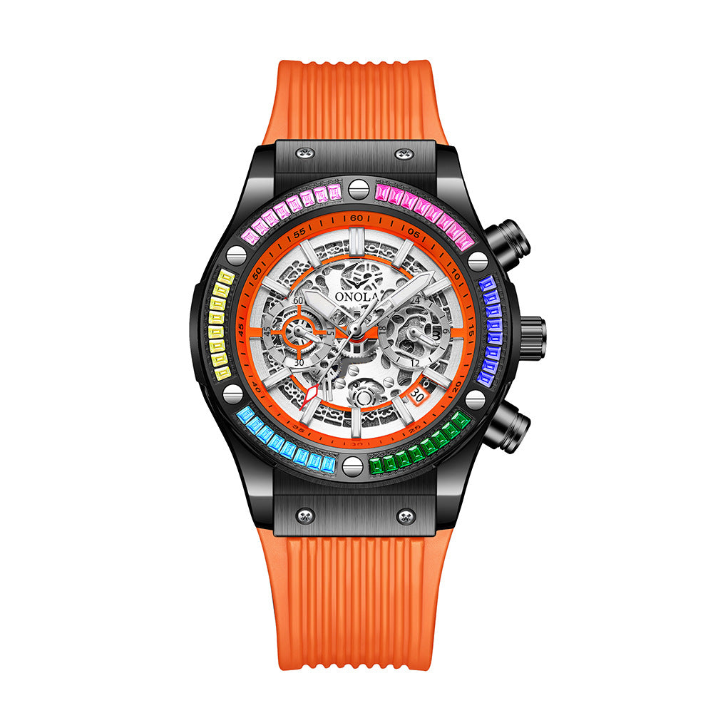Men's Fashionable All-match Waterproof Multi-functional Quartz Watch Black Orange