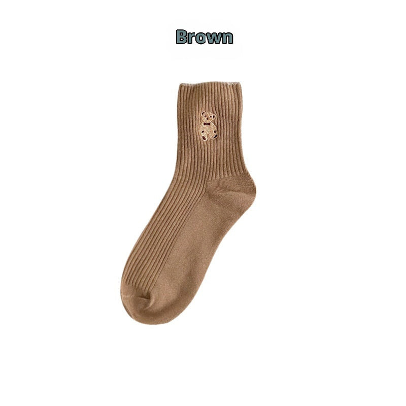 Mid-calf Retro Style Bear Japanese School Style Autumn And Winter Women's Stack Socks Brown