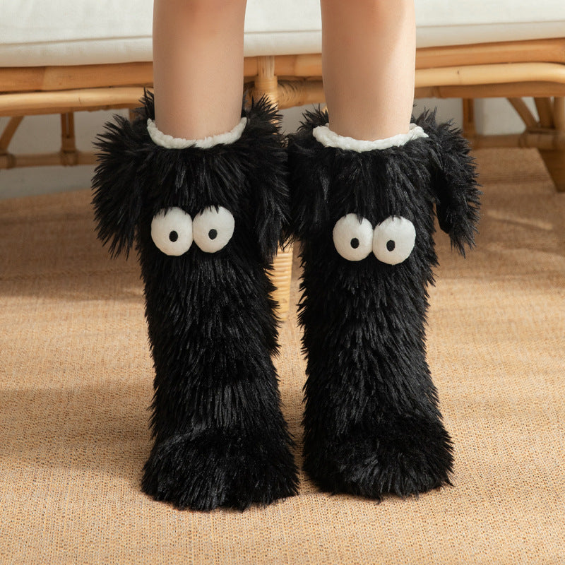 Thickened And Fleece Anti-slip Women's Plush Snow Socks And Shoe Covers Black Average Size