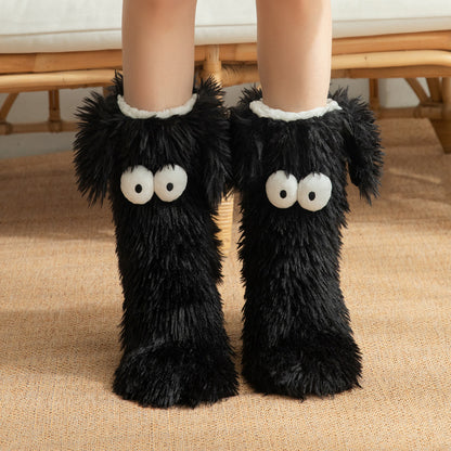 Thickened And Fleece Anti-slip Women's Plush Snow Socks And Shoe Covers Black Average Size