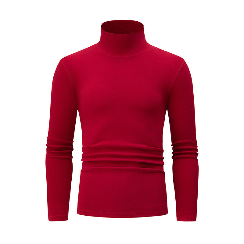 Autumn And Winter Men's Solid Color Versatile High-neck Base Layer Casual Fleece Top Red