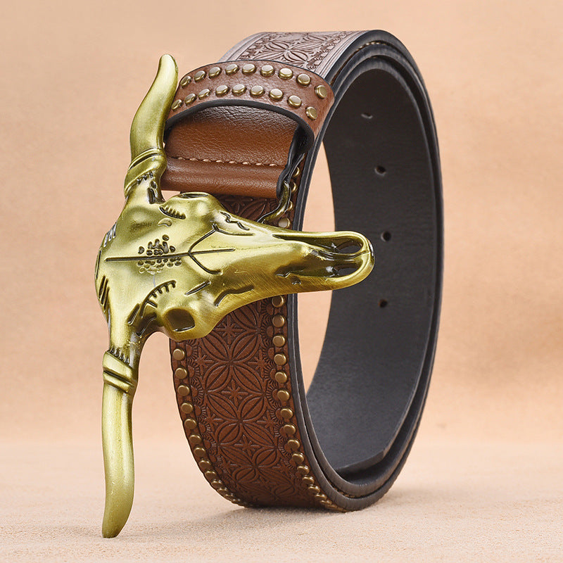 Cowhide Leather Belt For Men With Embossed Rivets Brown