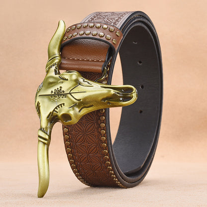 Cowhide Leather Belt For Men With Embossed Rivets Brown