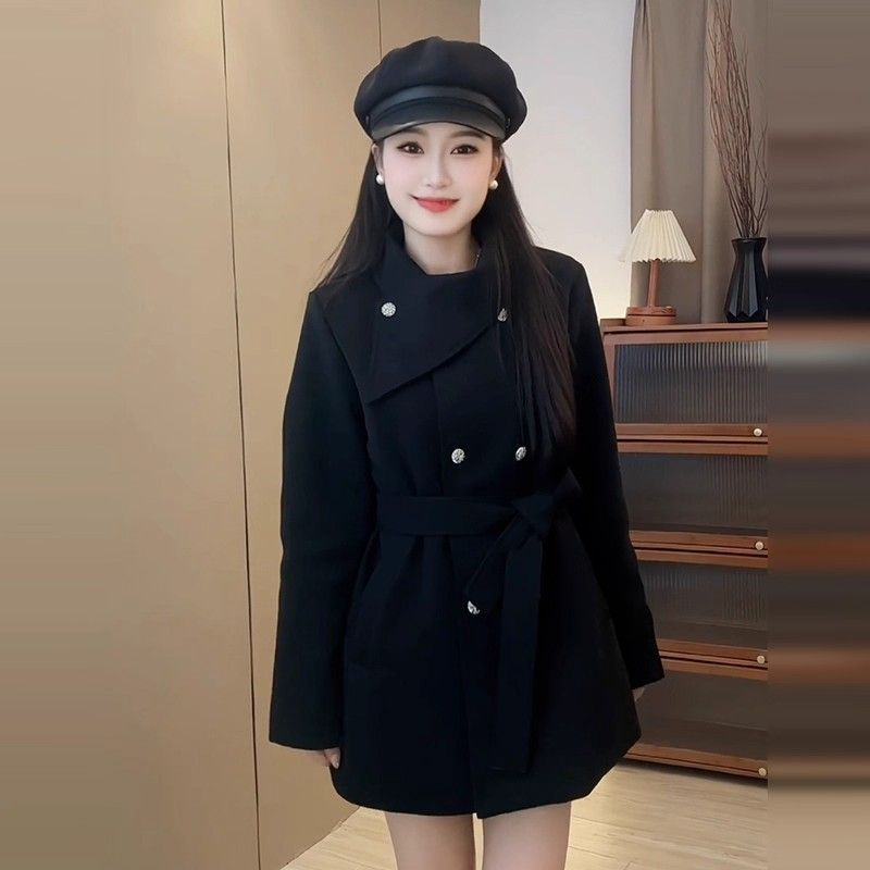 Premium Thick Wool New Waist-cropped Petite Coat Black