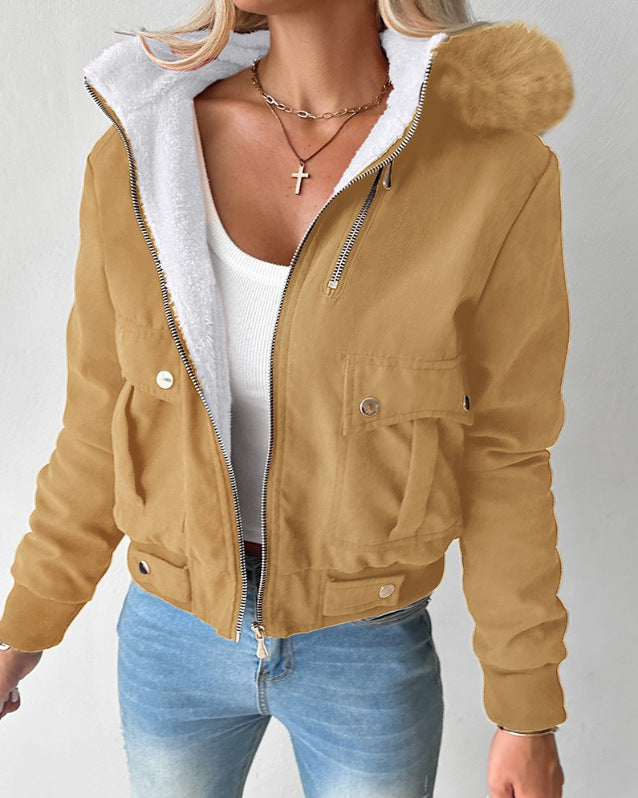 Casual Fashion Hooded Jacket With Furry Lining Khaki