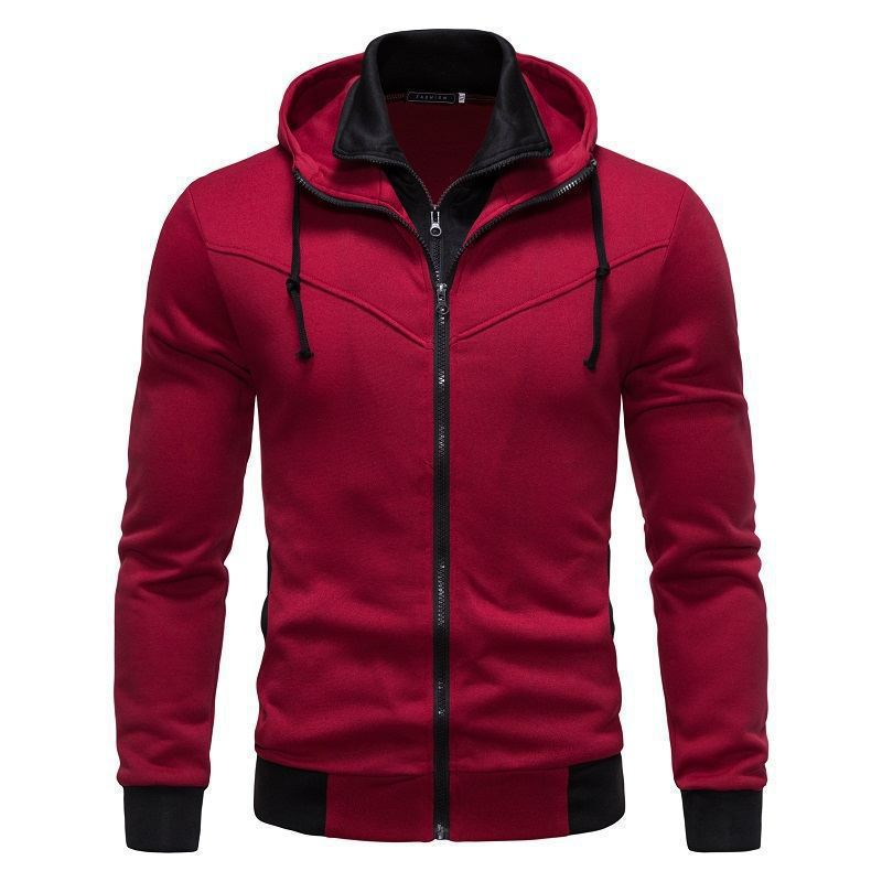 Sports Leisure Color-block Hooded Jacket Wine Red