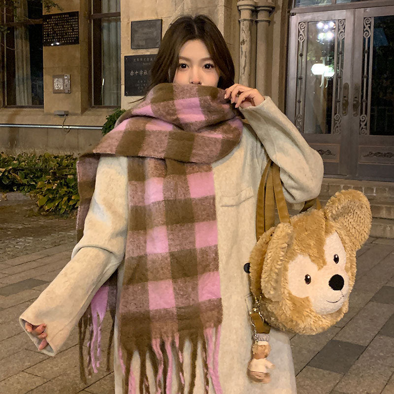 Scarf Winter Thicken Thermal Solid Color Mohair Shawl Small Plaid Pink