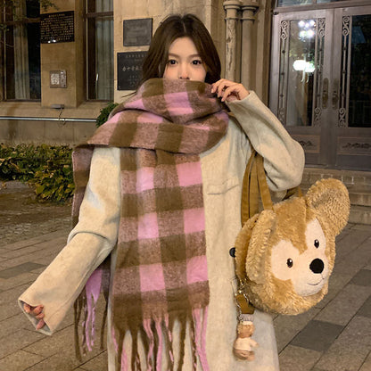Scarf Winter Thicken Thermal Solid Color Mohair Shawl Small Plaid Pink