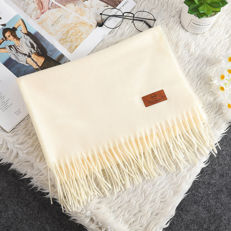 Solid Color Cashmere-like Bristle Scarf Ladies Tassel Warm Gift Milky White 200x70cm