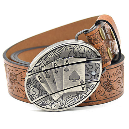 Personality Student Trendy Printing Engraving Smooth Buckle Knife Embossing Belt Poker Brown