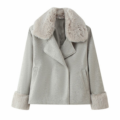 Women's Short Wool Coat With Fur Collar Decoration Silver Gray
