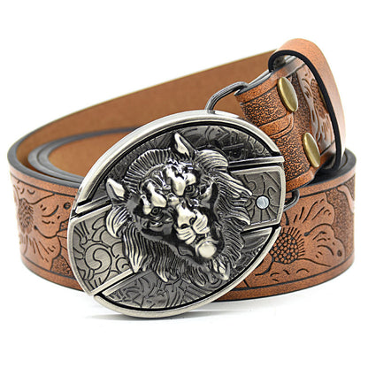 Personality Student Trendy Printing Engraving Smooth Buckle Knife Embossing Belt Lions Head Brown