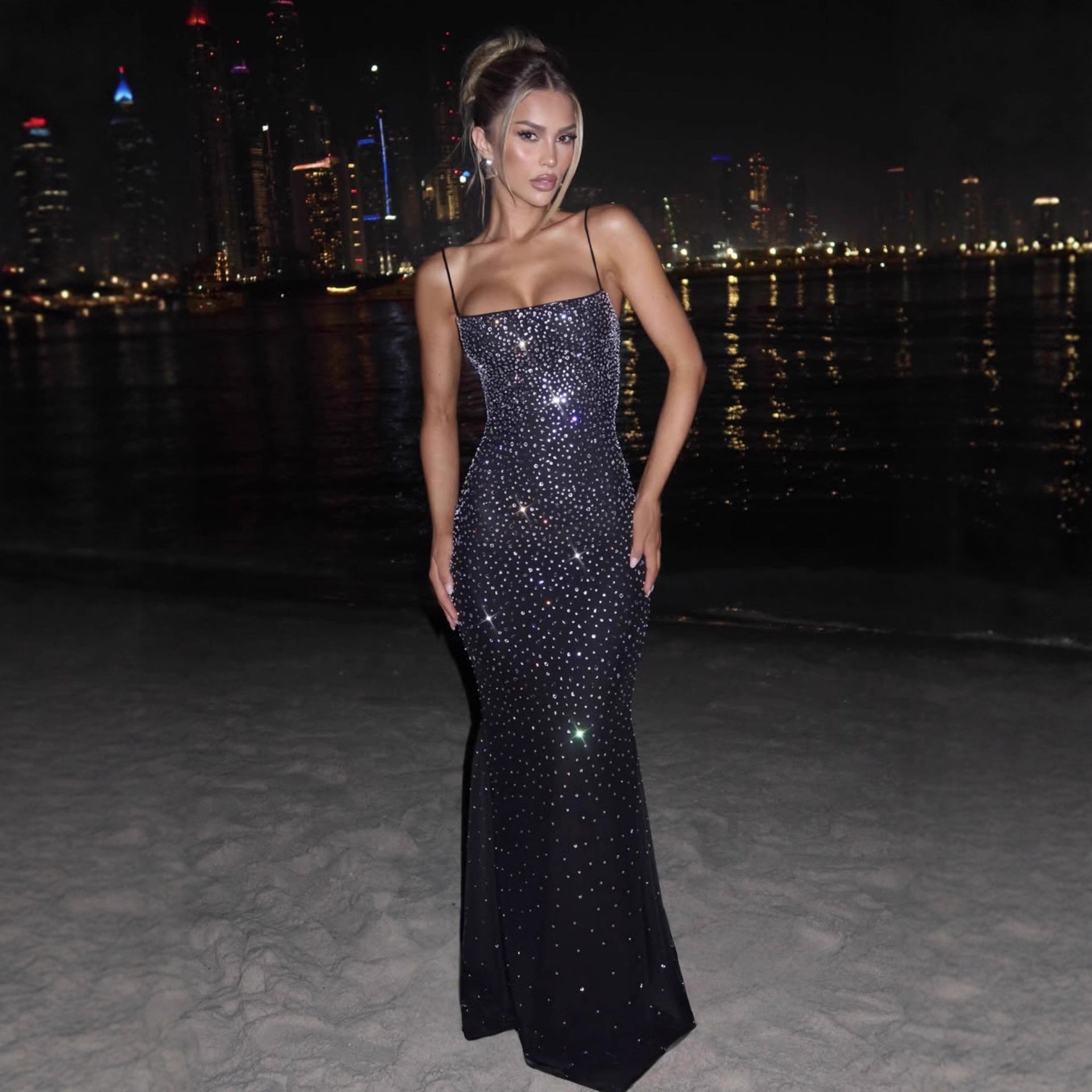 Sexy Backless Strapless Dress With Hanging Neck And Hot-fix Rhinestones Black