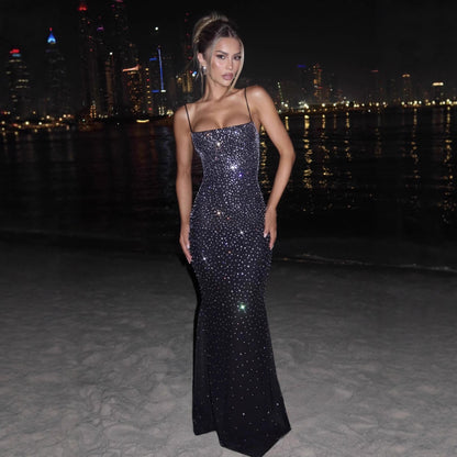 Sexy Backless Strapless Dress With Hanging Neck And Hot-fix Rhinestones Black