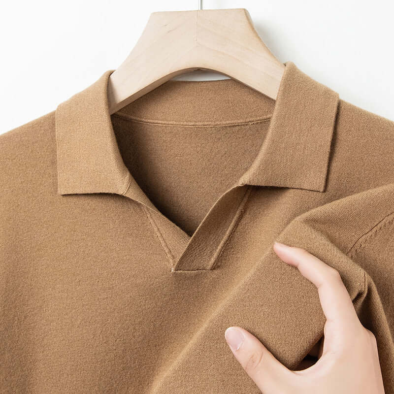 Autumn And Spring Seagull Collar 6 Wool Men's Anti-Pilling Knitted Long Sleeve Polo Shirt Camel Brown