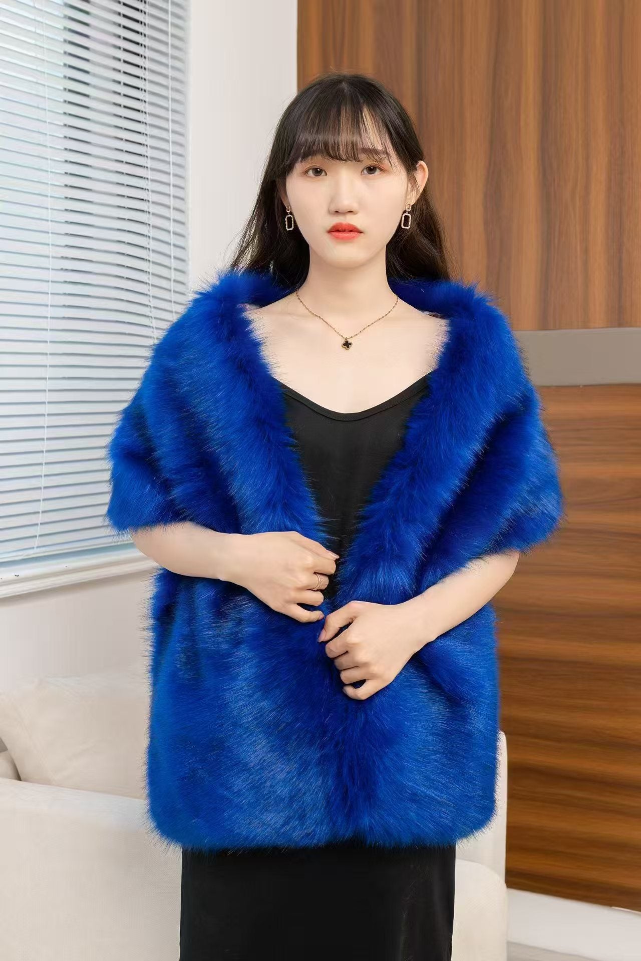 Women's Big Fur Collar Scarf Shawl Sapphire Blue