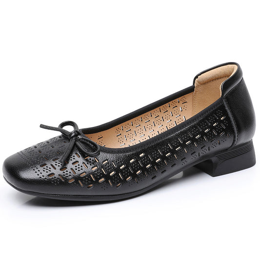 Summer Genuine Leather Breathable Low-cut Women's Shoes Black