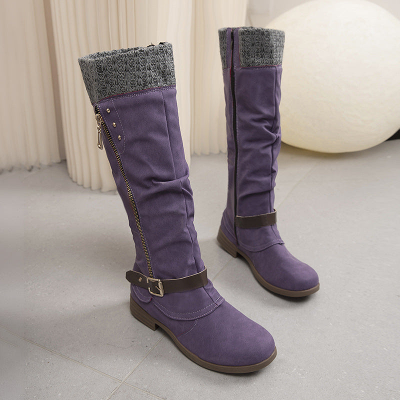 Plus Size Long Tube Women's Boots Chunky Heel Side Zip Wool Stitching Purple