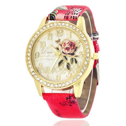 Diamond-inlaid Gold Case Rose Pattern Fashion Quartz Watch Red